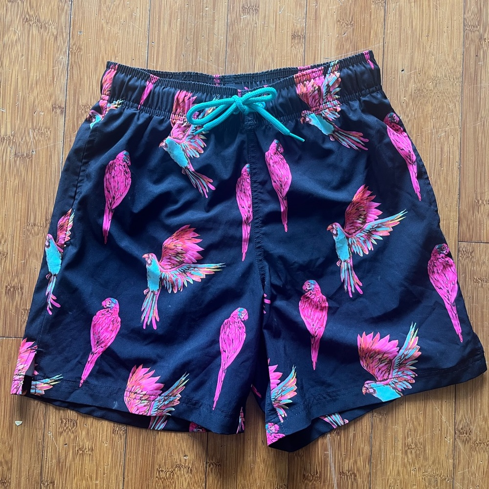 George Black Swim Shorts with Pink and Blue Parrots